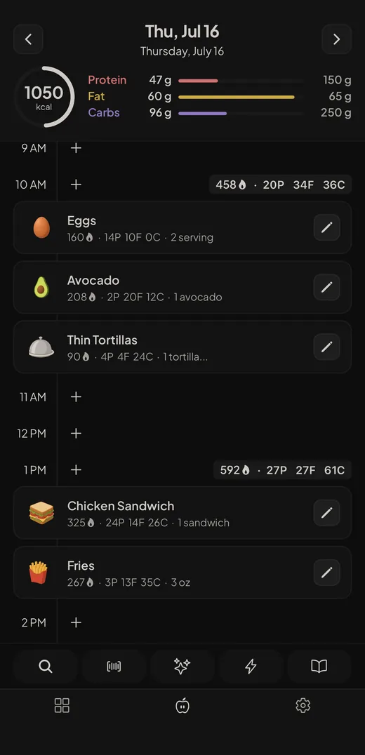 Nutoro food log timeline with daily macros